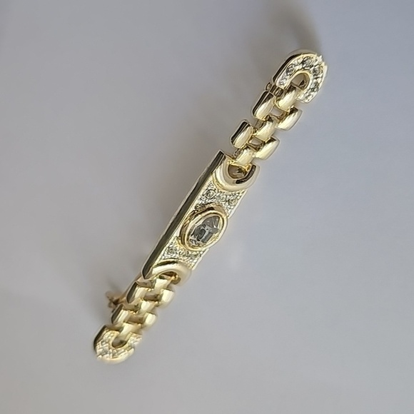 Vintage Gold Tone Metal and Rhinestone Chain Link Bar Brooch - Picture 2 of 5